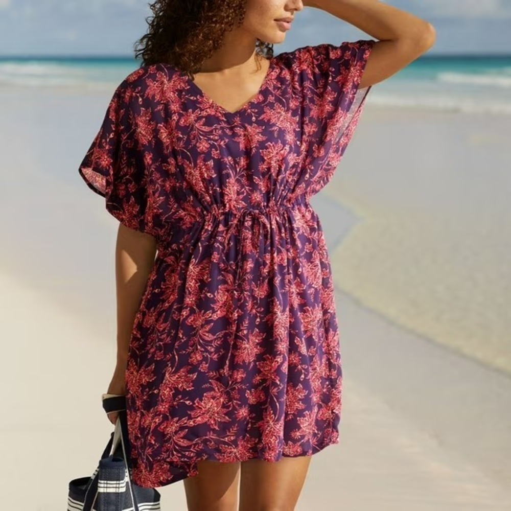 Lands' End Swim Beach Cover Up Mini Dress Women M L ‎ Floral Drawstring Doman